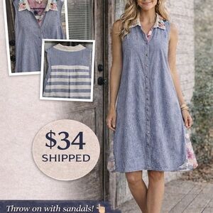John Mark Sleeveless Chambray Blue Button-Front Dress with Floral Collar
